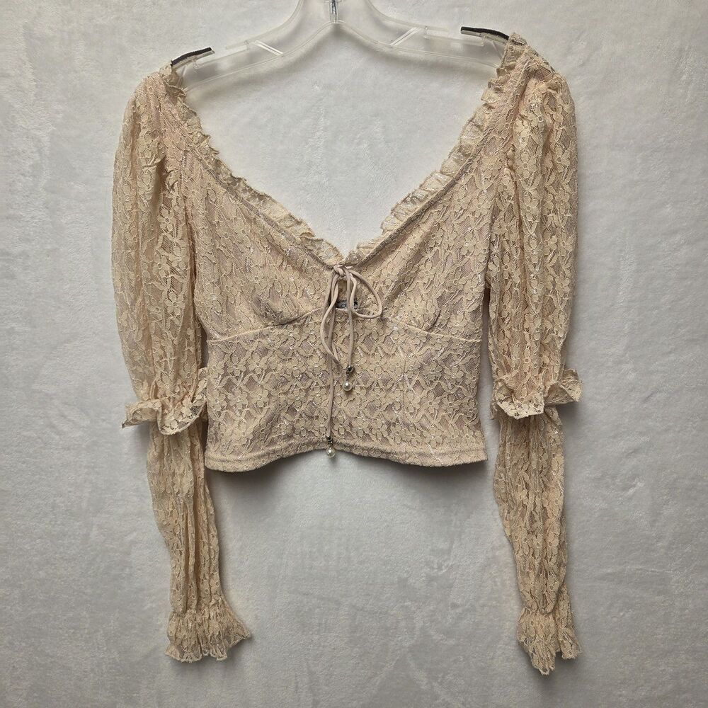 Women Babydoll Y2K Crop Top Sz M Peasant Feminine Milkmaid Coquette Cottage Lace